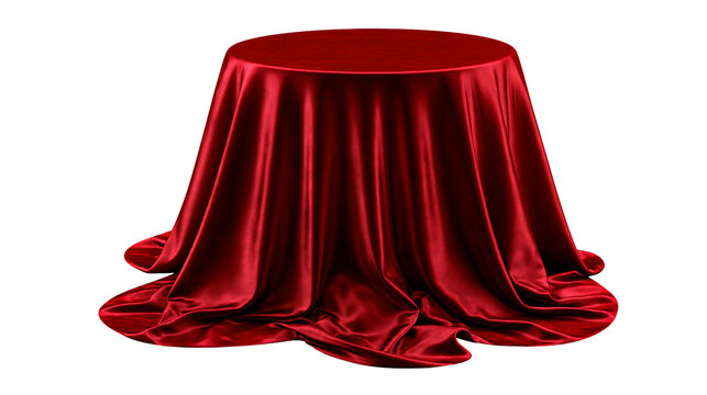 Round table covered with draped red satin fabric