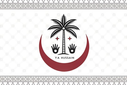 Ashura islamic flag with palm tree and hand symbol on white background, religion