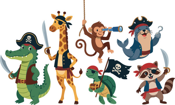 Cute pirate animals vector character set with funny crocodile giraffe monkey seal turtle and raccoon holding swords spyglass treasure chest and jolly roger flag