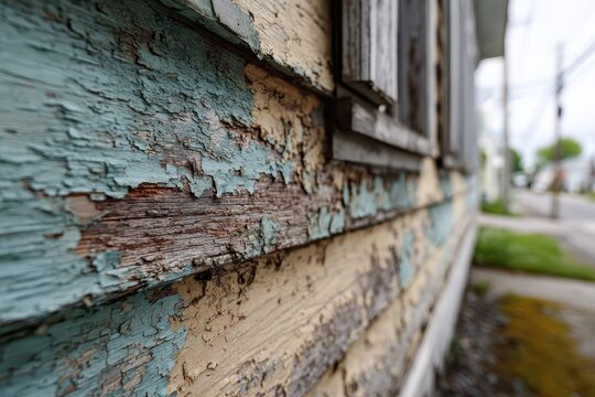 Rustic exterior with faded paint and weathered siding showing time-worn charm