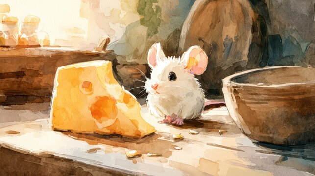 Rustic kitchen illustration: mouse and cheese in a gentle, storytelling moment
