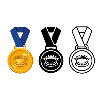 Gold and black and white medals with ribbons and laurel wreath on medal  award symbol icons
