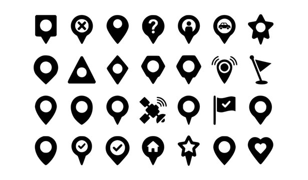 Location Pin Icon Set &ndash; Black Vector Map Markers with Star, Flag, Signal and Symbol Designs for Navigation
