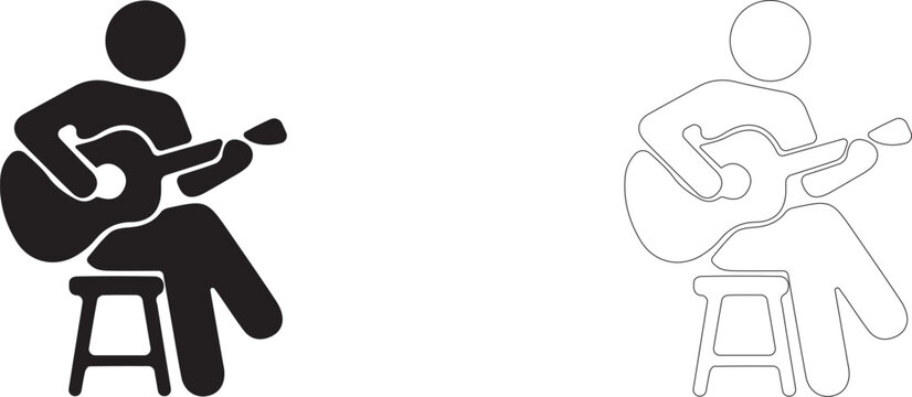 Street musician playing guitar vector icon filled and outline, playing string instrument outdoors symbol.
