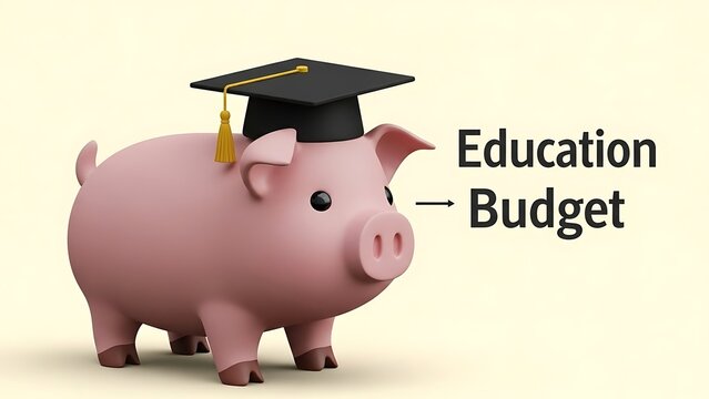 Piggy bank with graduation cap and education budget text