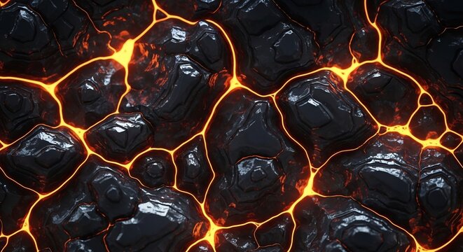 Molten magma flowing between dark volcanic rock textures