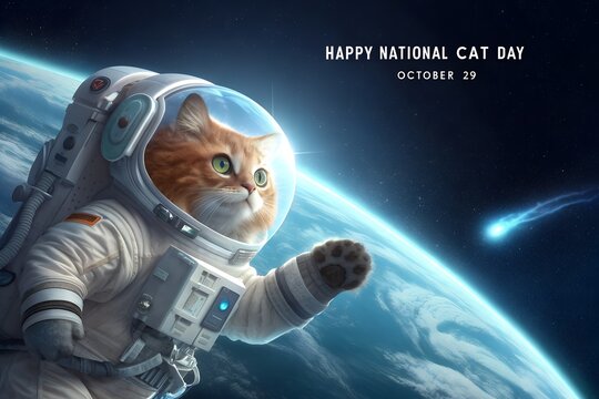Cute cat astronaut in space celebrating national cat day with astronaut