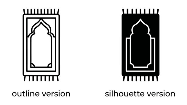 Islamic Prayer Rug Icons: Two minimalist icons depict an Islamic prayer rug, one as an outline and the other as a solid silhouette, representing devotion and tradition.