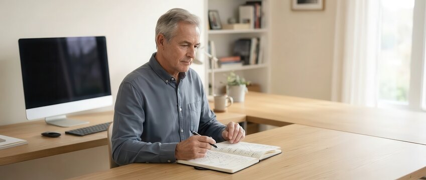 Senior man writes notes at a wooden desk in a bright room with a computer and books in the background during the daytime