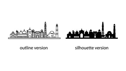 Naklejka premium Two versions of a city skyline, one in outline and the other in silhouette, showcasing a collection of diverse architectural styles, including domes and minarets, presented against a clean background.
