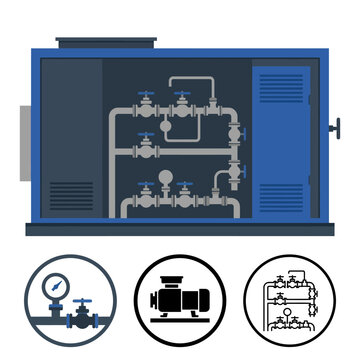 Industrial machine with pipes and valves and three icons showing industrial equipment and processes  industrial graphic resources