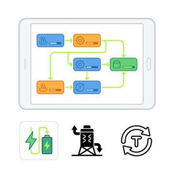 Infographic flowchart on a tablet with energy and recycling symbols  technology and ecology concept