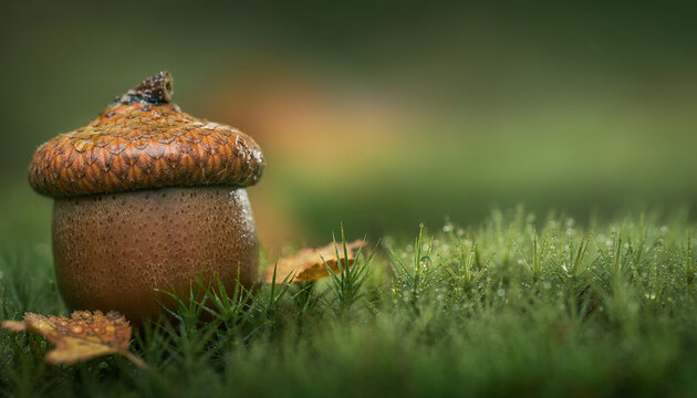 Single Acorn on Moss Forest Floor in Autumn