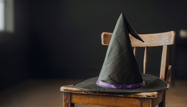 Black Witch Hat Resting on Wooden Chair