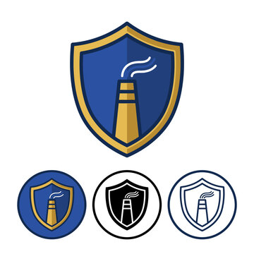Set of factory shield logos with smoke coming out of industrial chimney  various colors and designs