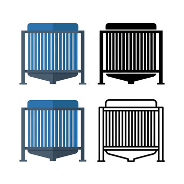 Set of four different colored trash cans with lids and vertical slats on white background  industrial waste bins