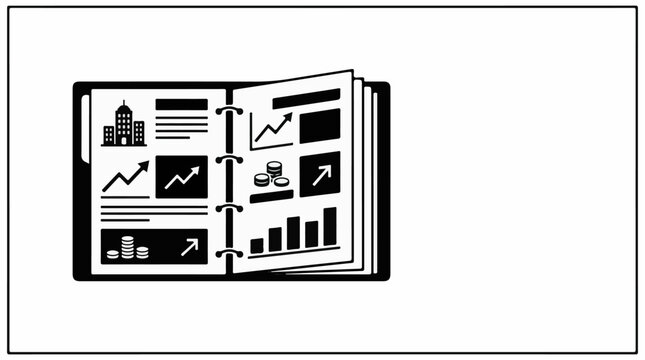 Open binder with financial charts buildings and coins