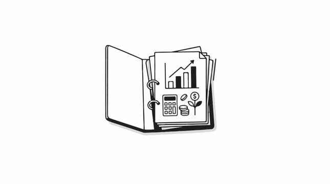 Open binder with financial charts calculator and coins inside