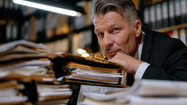 Freedom of information officer reviewing declassified document binders stacked across a worn government agency desk, fluorescent overhead lighting, wall of filing cabinets, bureaucratic forms spread