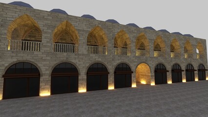 Bursa Koza Han Historic Ottoman Courtyard with Traditional Stone Architecture. Cultural Heritage, Travel Destination, Historic Bazaar © SinemArt