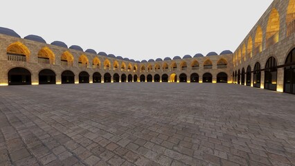 Bursa Koza Han Historic Ottoman Courtyard with Traditional Stone Architecture. Cultural Heritage, Travel Destination, Historic Bazaar © SinemArt