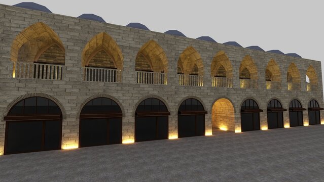 Bursa Koza Han Historic Ottoman Courtyard with Traditional Stone Architecture. Cultural Heritage, Travel Destination, Historic Bazaar
