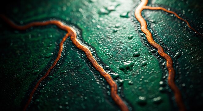 Macro view of metallic copper traces on a textured dark green electronic circuit board surface