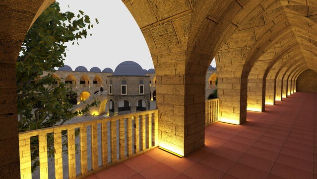 Bursa Koza Han Historic Ottoman Courtyard with Traditional Stone Architecture. Cultural Heritage, Travel Destination, Historic Bazaar