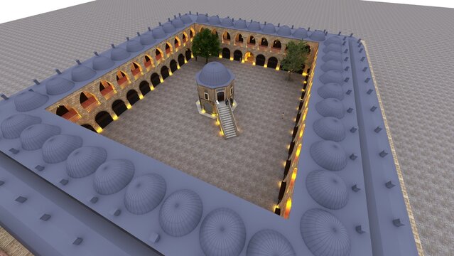 Bursa Koza Han Historic Ottoman Courtyard with Traditional Stone Architecture. Cultural Heritage, Travel Destination, Historic Bazaar