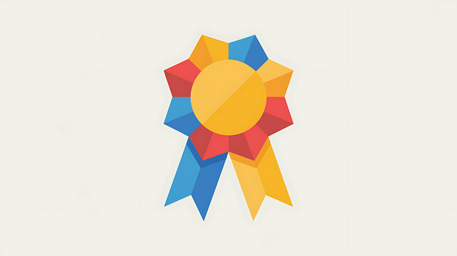 Colorful pixel art style award ribbon badge with yellow blue and red ribbons for achievement and victory celebration as a flat vector icon design element for games and digital interfaces