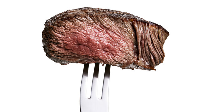 Juicy grilled beef steak on fork medium rare, with seared crust