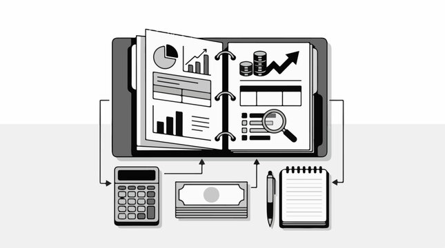 Open binder with financial charts coins calculator and notepad