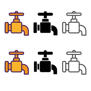 Six different colored valve icons in orange black and white on a white background for industrial or plumbing design