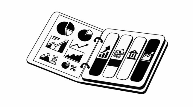 Open binder with financial charts graphs and icons