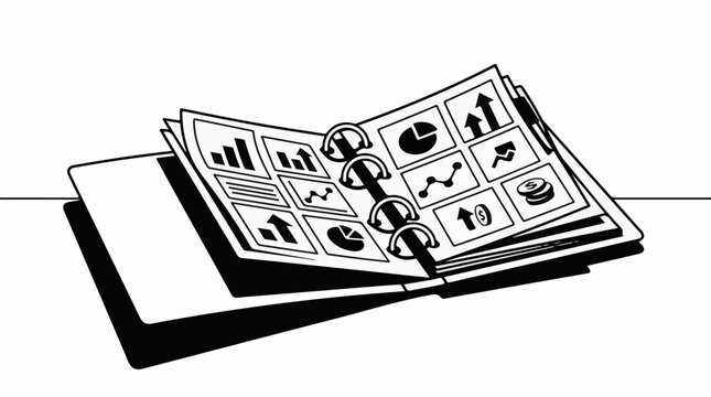 Open binder with pages showing charts graphs and financial icons