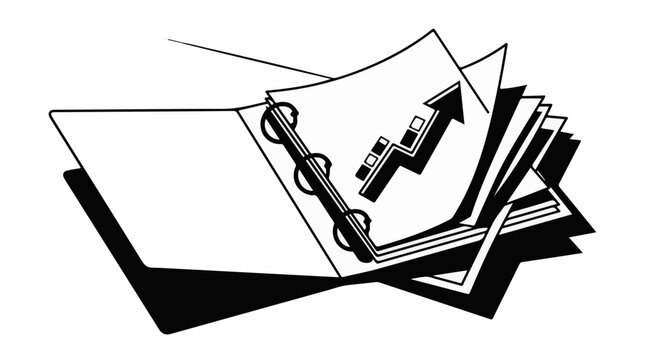 Open binder with pages showing an upward trending graph