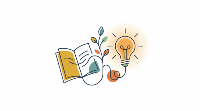 Open book and plant branch growing towards illuminated lightbulb