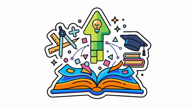 Open book arrow graduation cap and school supplies symbolize learning