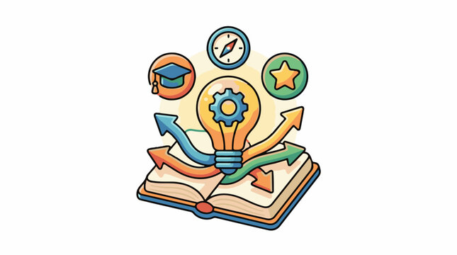 Open book bright light bulb with gear and direction arrows