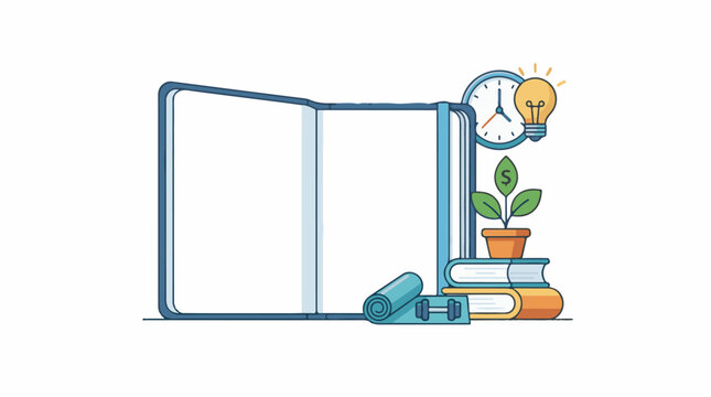 Open book clock lightbulb plant dumbbells and rolled mat