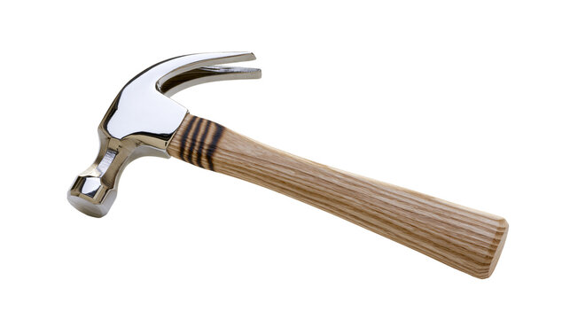 Claw hammer with polished metal head and wooden handle