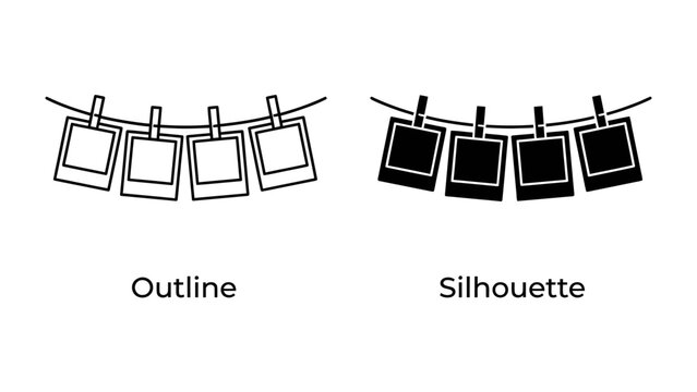 Instant Photo Memories: Two styles, outline and silhouette, of instant photos hanging on a line with clothespins, representing cherished memories and visual storytelling.