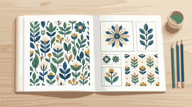 Open book displaying floral pattern designs and artwork samples