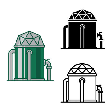 Three biogas digesters with domed roofs and pipes in green black and white colors for industry and renewable energy concepts