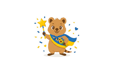 Fototapeta premium Adorable cartoon quokka celebrating Ukraine independence day with a sunflower bouquet and star wand wearing a blue and yellow patriotic cape