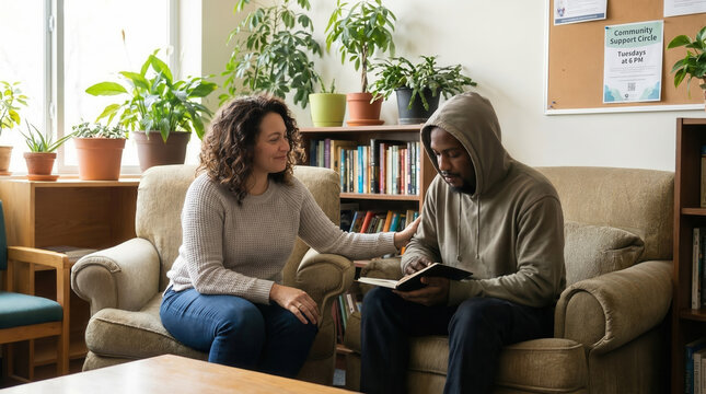 Counselor supporting man writing in journal during mental health session
