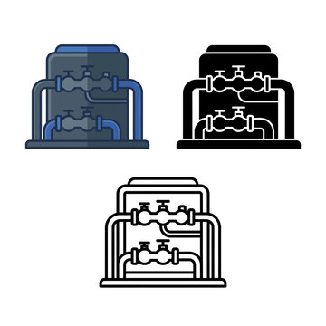 Three different colored illustrations of industrial equipment with pipes and valves on white background  industrial machinery