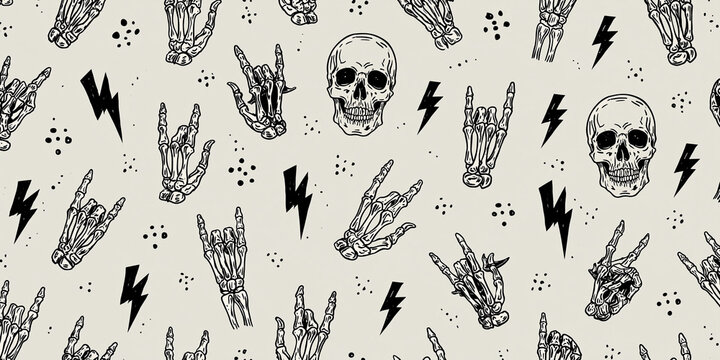 Skeletal hands and skulls pattern black and white vector illustration with lightning bolts anatomy art