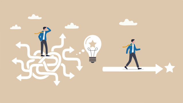 Simple idea for business success, simplify complicated directions to be easy success way, effective thinking concept, smart businessman walk with simple arrow while other with too many arrow ways
