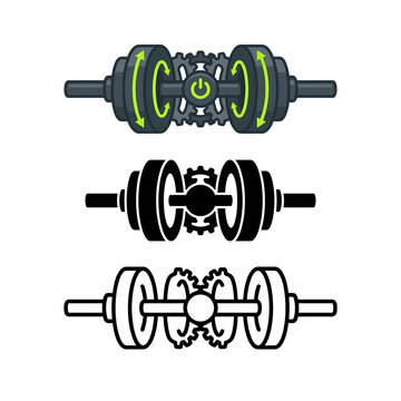 Three illustrations of dumbbells with gears and arrows on white background  fitness and technology concept